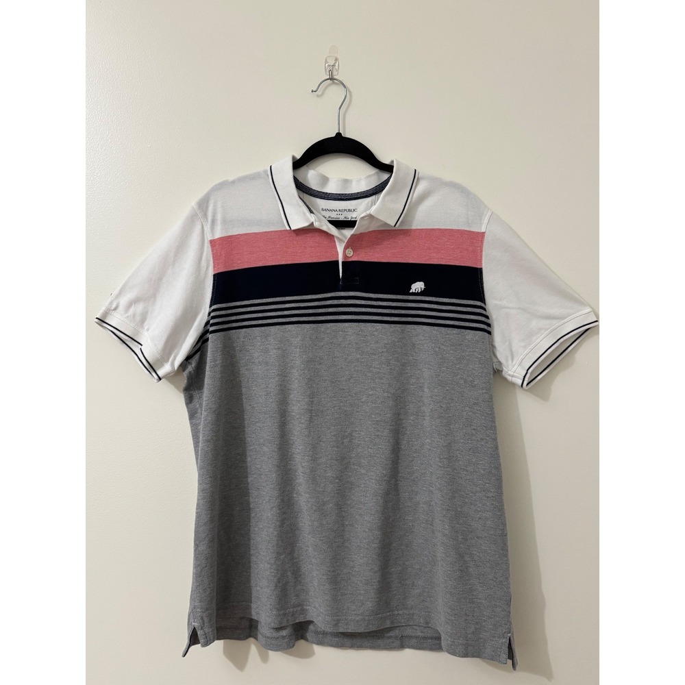 Banana Republic Men's Polo Shirt XL Gray Pink Navy Striped Short Sleeve Cotton - Picture 2 of 7